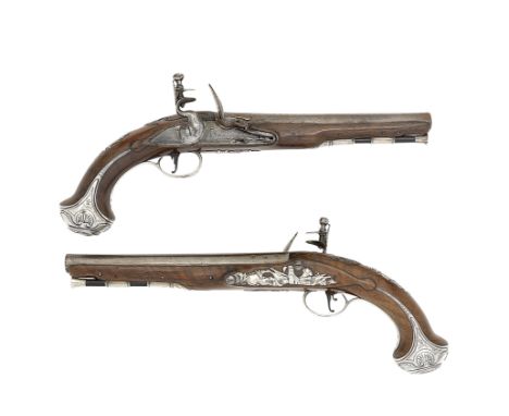 A Pair Of 20-Bore Flintlock Silver-Mounted Holster PistolsBy Collumbell, London, London Silver Hallmarks For 1758, Maker's Ma