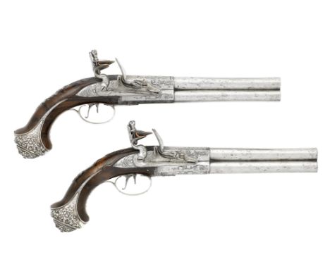 A Very Fine Pair Of Flintlock Silver-Mounted Over-and-Under Holster PistolsBy Joseph Heylin, Cornhill, London, London Silver 