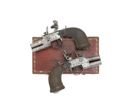 A Rare Pair Of French Cased Flintlock Four-Barrelled Box-Lock Tap-Action Pistols Of SmallboreSilver Petite Garantie Mark For 