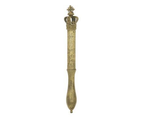 A George III Brass Constabulary Tipstave Dated 1794The tubular stem surmounted by a threaded cast openwork crown and engraved