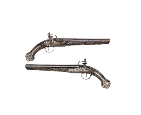 A Pair Of Turkish 18-Bore Flintlock Silver-Mounted Holster PistolsInscribed Wilson, London, Turkish Silver Marks And Tughra, 