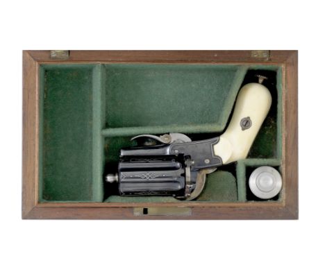 A Cased Liège Pin-Fire Meyers Patent Six-Shot Pocket Revolver Of Small BoreLate 19th CenturyWith blued fluted barrels decorat