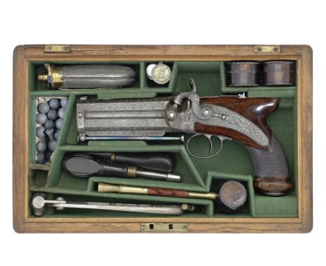 A Very Fine Cased Irish 32-Bore Percussion Rifled Saw-Handled Over-And-Under Single-Trigger PistolBy Wm. &amp; Jn. Rigby, 24 