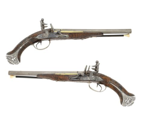 A Pair Of French 25-Bore Flintlock Silver-Mounted D.B. PistolsBy Laroche A Paris, Silver Dechage Mark, Probably For Paris, Mi