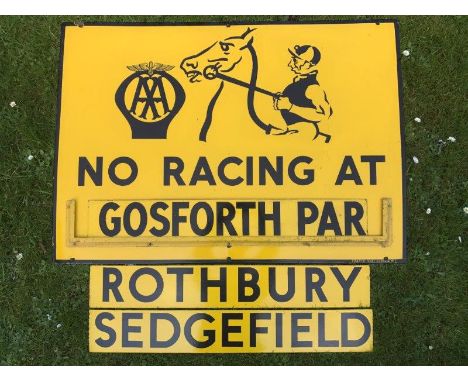 An AA part pictorial enamel sign - 'No Racing at', with framework for location enamel inserts, sold with three enamel inserts