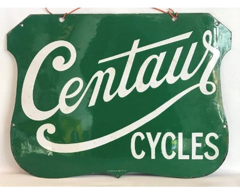 An early Centaur Cycles shaped enamel sign by Wildman and Meguyer, with very minor amateur retouching, 24 x 18". 
