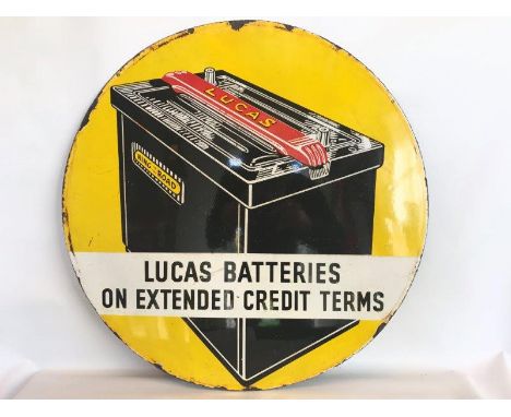 A Lucas Batteries 'On Extended Credit Terms' pictorial circular enamel sign, with good colour, 24" diameter.