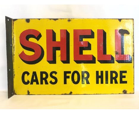 A Shell Cars for Hire rectangular double sided enamel sign with hanging flange, 24 x 15".