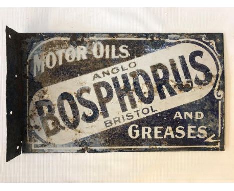 A rare and early Anglo Bosphorus of Bristol Motor Oils and Greases double sided enamel sign with hanging flange, 17 x 10".