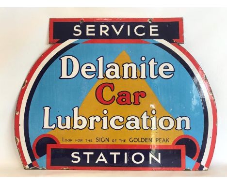An unusual Delanite Car Lubrication Service Station shaped double sided enamel sign with excellent gloss. 