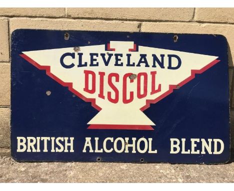 A Cleveland Discol 'British Alcohol Blend' rectangular double sided enamel sign with a central globe motif, 30 x 18".