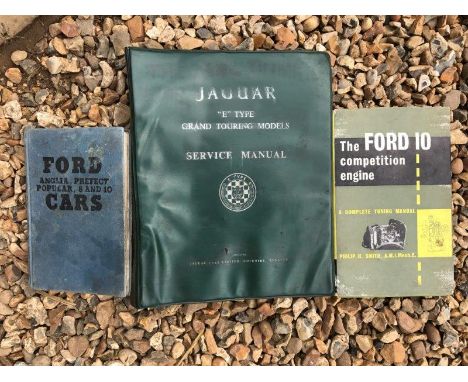 A Jaguar E-type service manual, a Ford 10 competition engine book by Philip H. Smith, also a single volume relating to the Fo