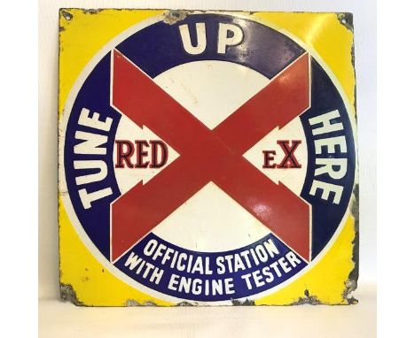 An early Redex 'Tune up here' square enamel sign with some minor professional restoration to one yellow quarter and surroundi
