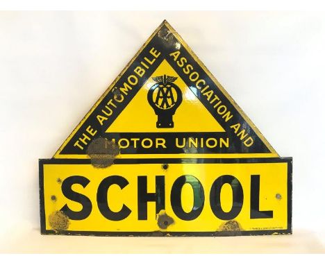 An AA and Motor Union part triangular enamel warning sign for School, by F. Francis and Sons Limited, Deptford, with good glo