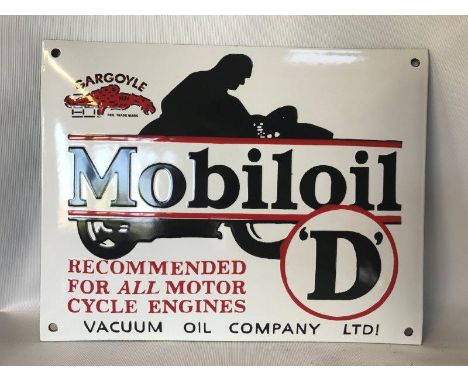 A reproduction Mobiloil D curved enamel sign depicting a motorcycle rider, 12 1/2 x 10".