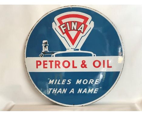 A good Fina Petrol and Oil 'Miles More than a Name' part pictorial circular enamel sign, in excellent condition, 24" diameter