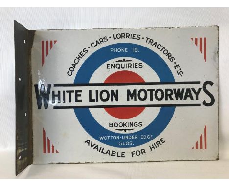 A rare and early White Lion Motorways double sided enamel sign with re-attached hanging flange, Enquiries and Bookings for Co