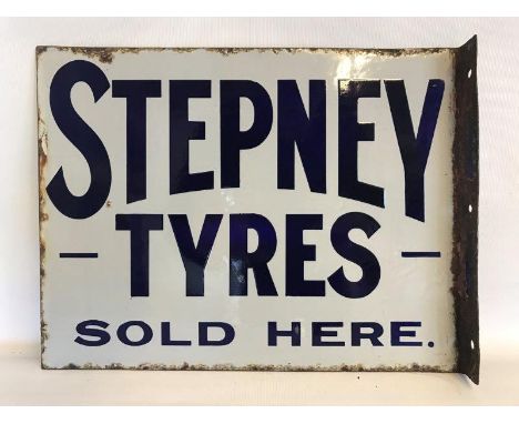 A rare Stepney Tyres Sold Here double sided enamel sign with hanging flange, of plain blue and white design, with excellent g