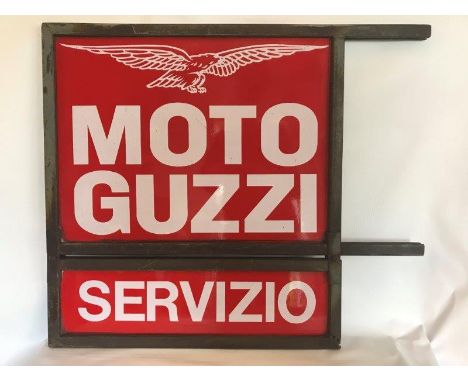 A Motoguzzi Servizio double sided pair of enamel signs in a metal frame, 31 1/2 x 26 3/4".