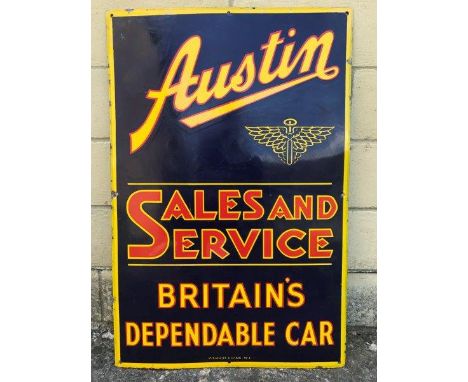 A rare Austin Sales and Service 'Britains Dependable Car' rectangular enamel sign by Franco, with some professional restorati