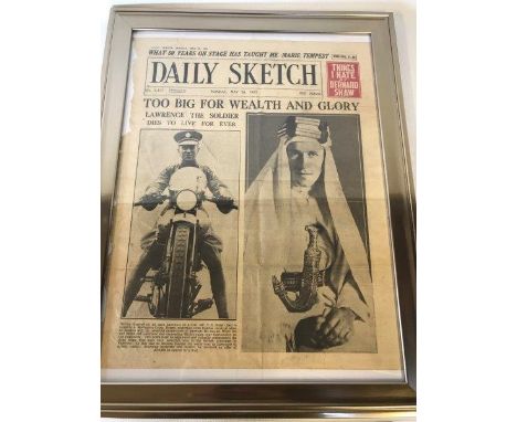 A framed and glazed front cover of a newspaper, The Daily Sketch, Monday 20th May 1935, detailing the death of Laurence of Ar