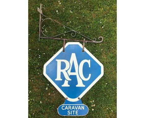 An RAC lozenge shaped double sided enamel sign on bracket, with 'Caravan Site' double sided attachment.