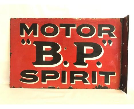 A BP Motor Spirit double sided enamel sign with re-attached hanging flange, by Bruton of Palmers Green, 24 x 15".