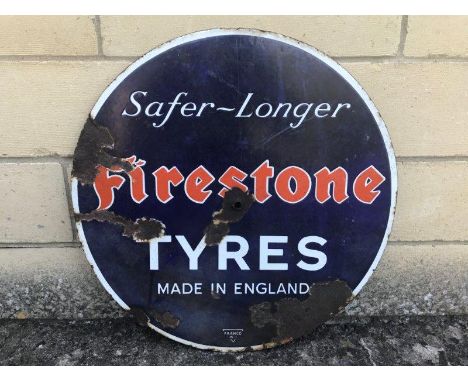 A Firestone Tyres 'Made in England' circular double sided enamel sign by Franco, 21" diameter.