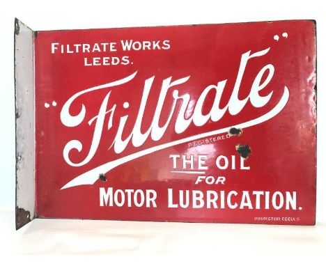 A Filtrate - The Oil for Motor Lubrication double sided enamel sign with hanging flange by Protector of Eccles, 20 x 14".