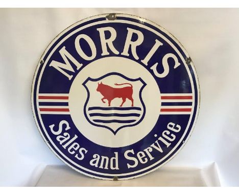A Morris Sales and Service circular enamel sign with excellent gloss, 28 1/2" diameter.