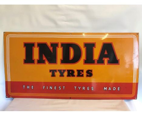 An India Tyres - The Finest Tyres Made rectangular enamel sign in very good condition, 36 x 18".