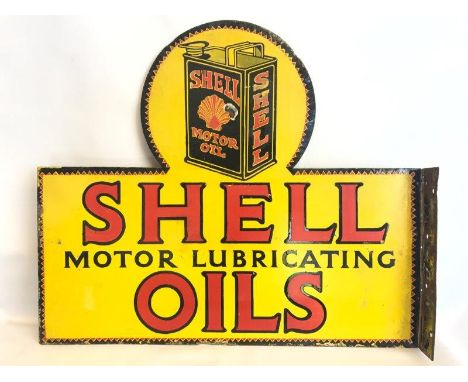 A rare Shell Motor Lubricating Oils double sided enamel die-cut enamel sign with hanging flange and can motif, with red and b