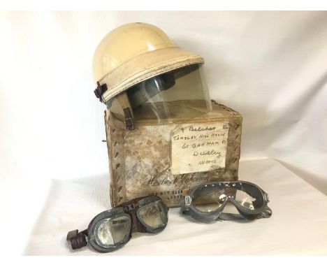 A Herbert Johnson racing helmet in original box, circa 1950s painted cream with matching peak, with canvas webbing and harnes