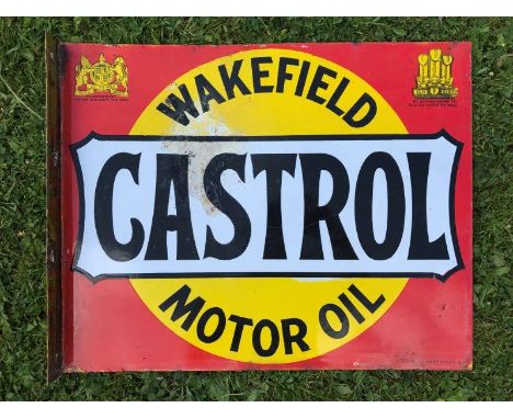 A Wakefield Castrol Motor Oil double sided enamel sign with hanging flange and two Royal crests, older patch of restoration b