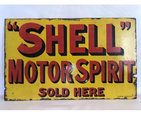 A Shell Motor Spirit Sold Here double sided enamel sign by Bruton of Edmonton, lacking hanging flange, 21 x 13".