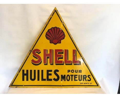 A Shell Huiles Pour Moteurs French triangular double sided enamel sign with good gloss, 30 1/2 x 26 1/2".