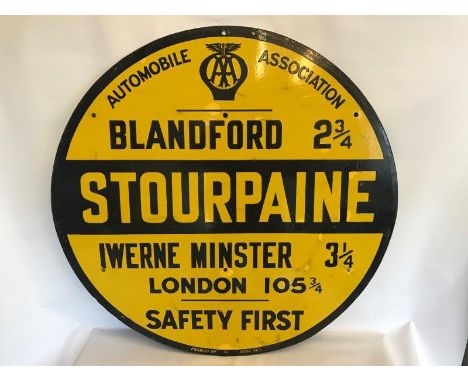 An AA circular enamel village/road sign for Stourpaine, by Franco (Great Dorset Steam Fair), 30" diameter. 