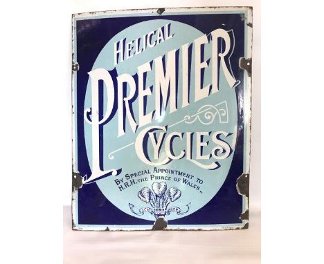 A Premier Cycles rectangular enamel sign by Patent Enamel, with Prince of Wales plume of feathers motif, 18 x 22".