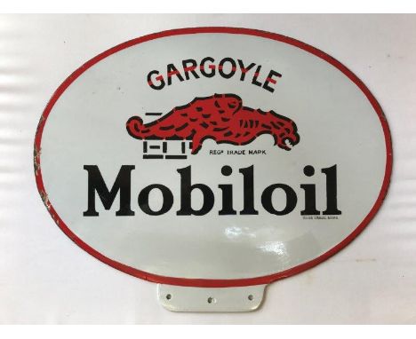 A Mobiloil Gargoyle oval double sided cabinet pediment enamel sign with restored/repaired base, otherwise excellent gloss, 15