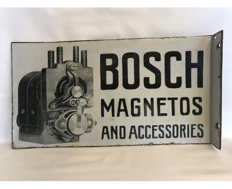 A rare Bosch Magnetos and Accessories pictorial double sided enamel sign with hanging flange by A.J. Wilson & Co. Ltd. 154 Cl