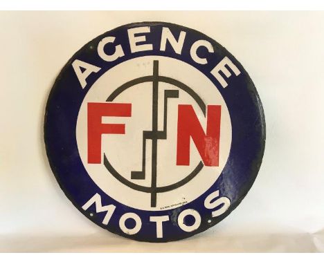 A Belgian circular double sided enamel sign advertising F.N. Motor Agency, 19 3/4" diameter.