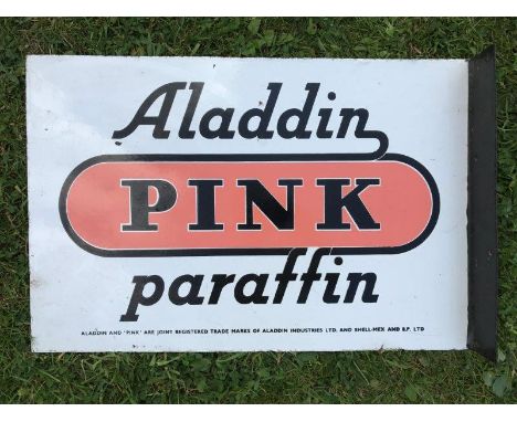 An Aladdin Pink Paraffin double sided enamel sign with hanging flange, in excellent condition, 21 x 14".