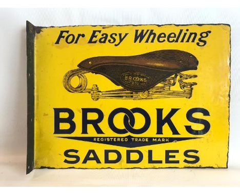 A Brooks Saddles 'For Easy Wheeling' pictorial double sided enamel sign with hanging flange by Wildman and Meguyer, with good