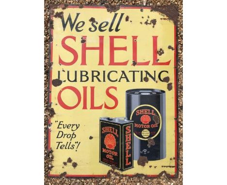 A Shell Lubricating Oils 'Every drop tells' part pictorial enamel sign depicting two cans, 36 x 48".