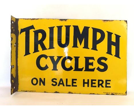 A good Triumph Cycles On Sale Here rectangular double sided enamel sign with hanging flange, by Bruton of Palmers Green N18, 