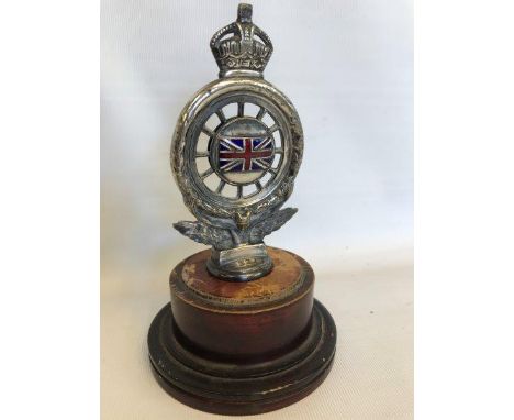 An early RAC car badge with Union Jack enamel centre to one side of the badge, by Elkington & Co., display base mounted.