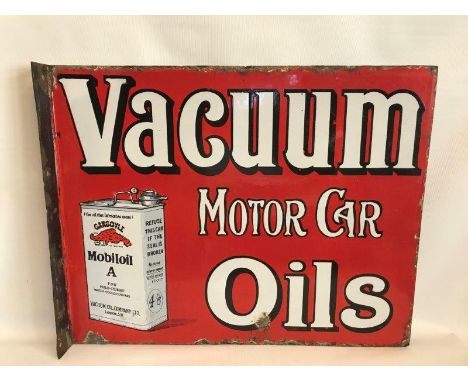 A Vacuum Motor Car Oils part pictorial double sided enamel sign with hanging flange, in very good condition, with a gallon ca