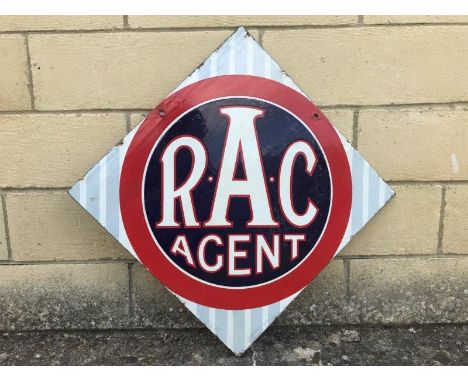 An RAC Agent lozenge shaped double sided enamel sign with aged varnishing, 25 1/2 x 25 1/2".