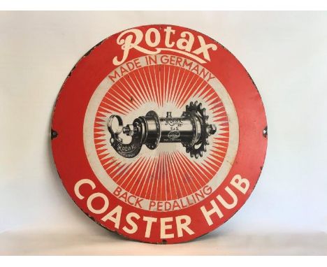 A rare Rotax coaster hub pictorial circular enamel sign, with some professional restoration, 19 3/4" diameter. 