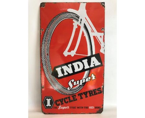 An India Super Cycle Tyres part pictorial rectangular enamel sign, 14 x 25".